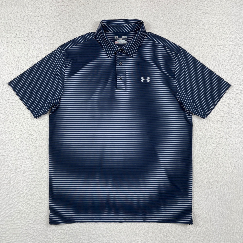 Under Armour Polo Shirt Mens L Navy Blue HeatGear Striped Active Golf Classic